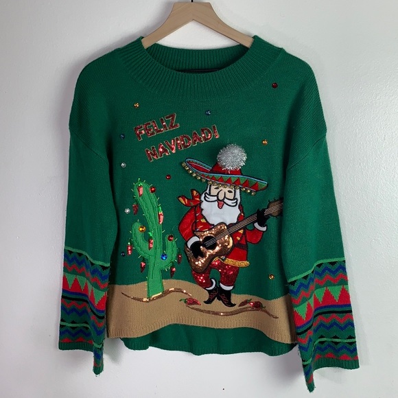 Holiday Time Sweaters - Ugly Christmas Sweater Feliz Navidad Santa Sombrero Guitar Sequins Boots…